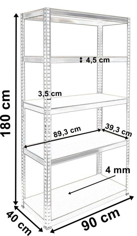 Regał magazynowy 5 poziomów 875 kg 180 x 90 x 40 cm