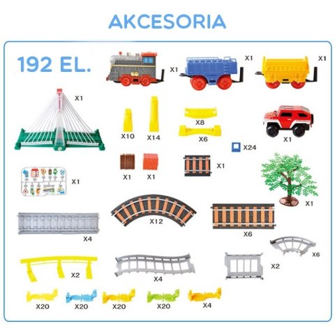 WOOPIE Kolejka Eelektryczna 2w1 Tor Wyścigowy Pociąg Wiadukt Auto XXL 192 el.