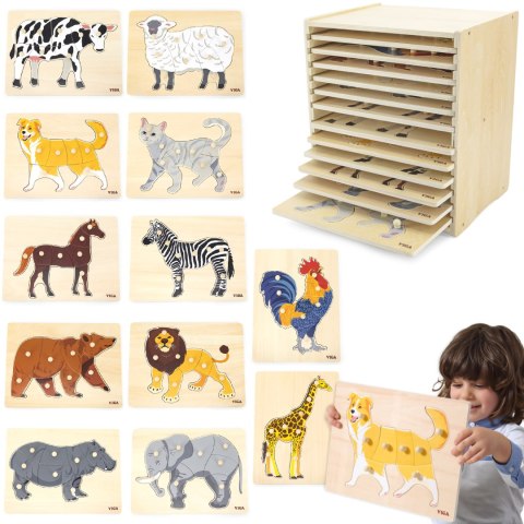 VIGA Zestaw Puzzle Drewniane 12 Układanek Zwierzątka Montessori + Stojak VIGA Zestaw Puzzle Drewniane 12 Układanek Zwierzątka Montessori + Stojak