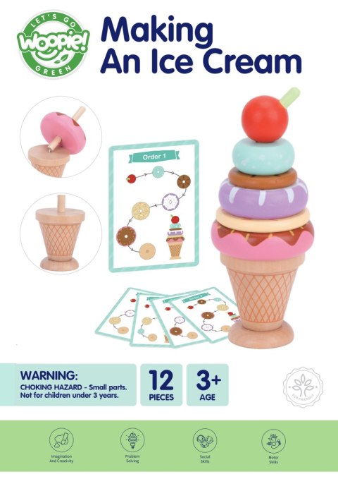 WOOPIE GREEN Drewniane Lody Układanka Montessori Cukiernia 12 el.