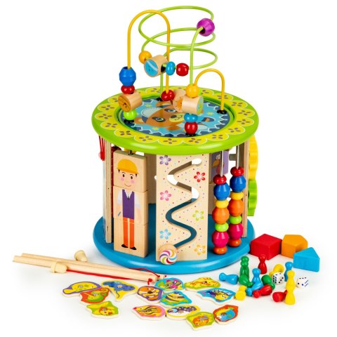 Drewniana kostka edukacyjna z grami, klockami, łowienie rybek ECOTOYS Drewniana kostka edukacyjna z grami, klockami, łowienie rybek ECOTOYS