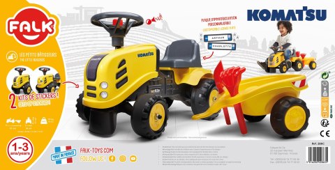 FALK Traktorek Baby Komatsu Żółty z Przyczepką + akc. od 1 roku